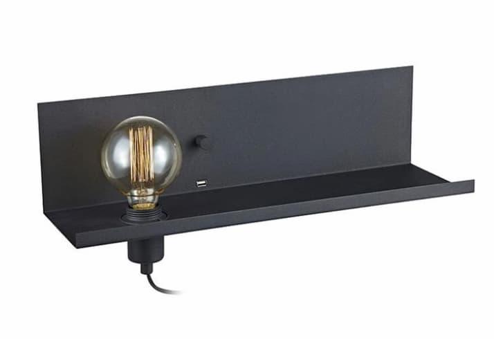 Hylle med lampesokkel, dimmer og USB, Svart