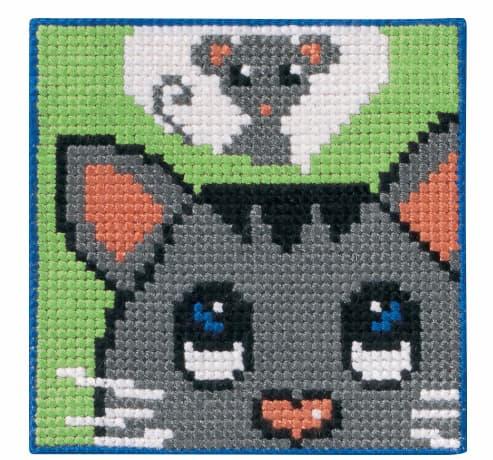 Permin Broderisett PÃ¥tegnet Stramei til Barn - Katt og Mus 25x25 cm