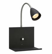Vegglampe med hylle og USB-uttak, Svart