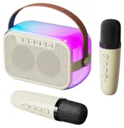 Exibel hvit karaoke-hÞyttaler med to trÄdlÞse mikrofoner