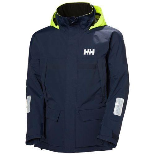 Helly Hansen Pier 4.0 seiljakke for herre i marineblått med neongul hette og reflekser på armene