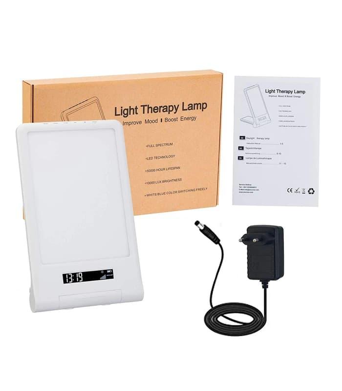 LED lysterapi lampe med timer/alarm 18W, hvit/blÄ, 10.000 LUX, innebygd batteri