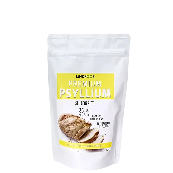 Lindroos Premium Psyllium, pose med 200 g pulverisert psylliumfrøskall til baking