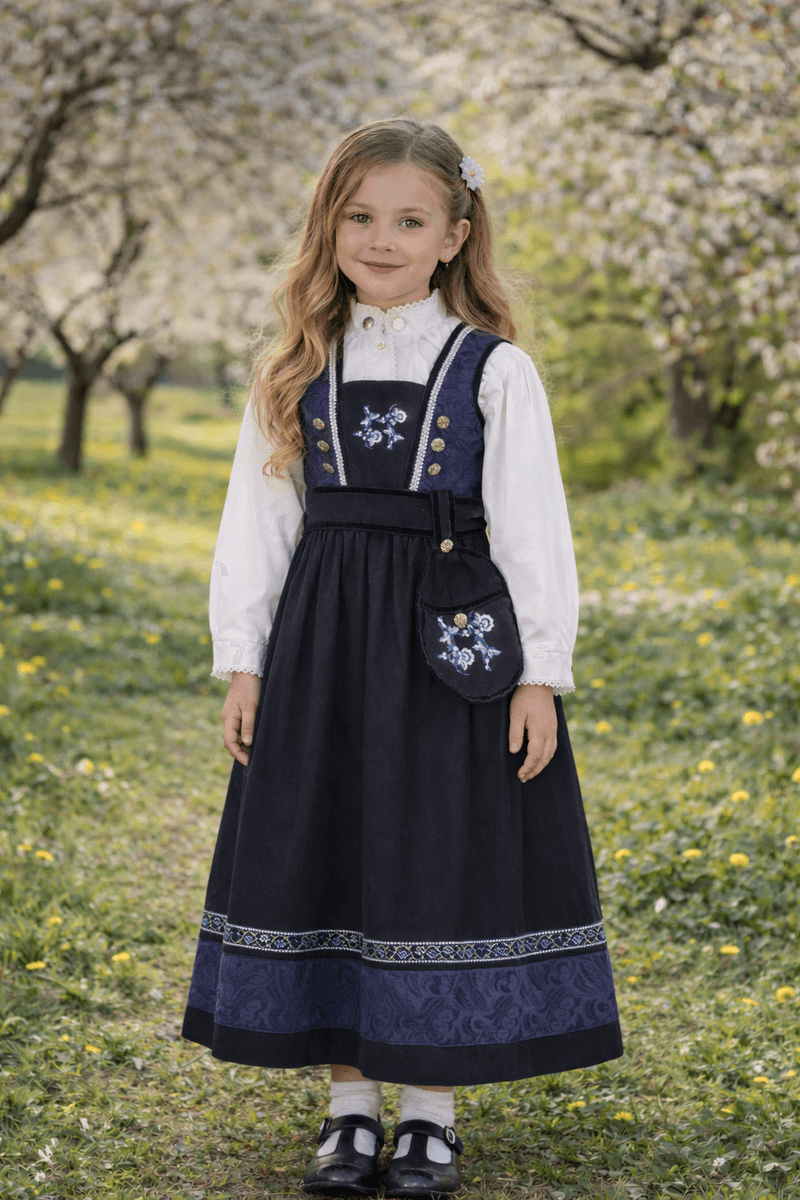 Salto Kristin festdrakt til jente i blått og svart med kjole og matchende bluse
