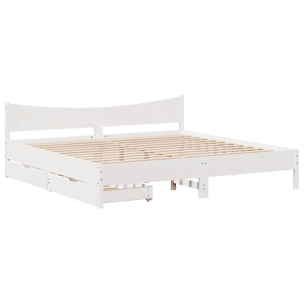 Hvit vidaXL sengeramme i heltre furu med to skuffer, 200x200 cm